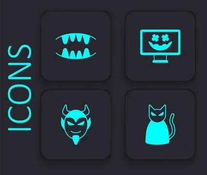 Set Black cat, Vampire teeth, Happy Halloween holiday and Devil head icon. .. Illustrazione stock