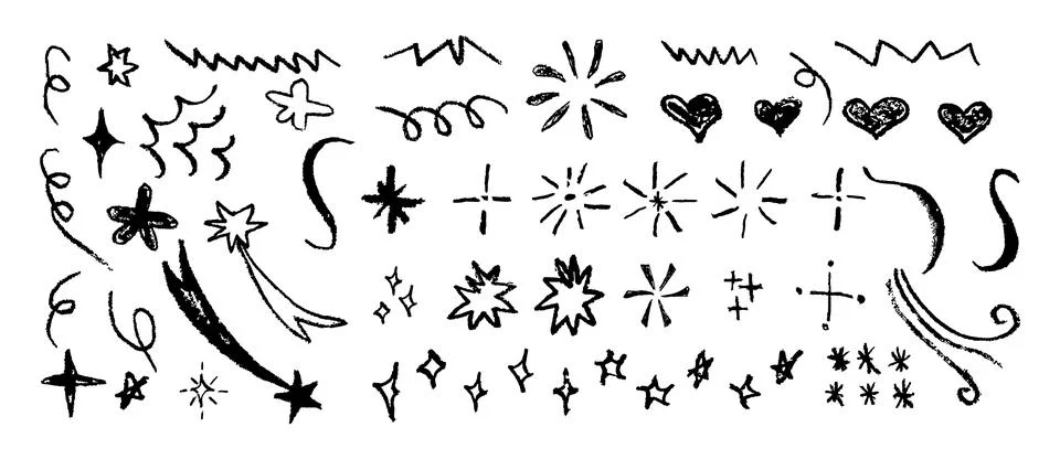 Set of black chalk drawing elements. Shine or sparkle, hearts and stars doodle Stock Illustration