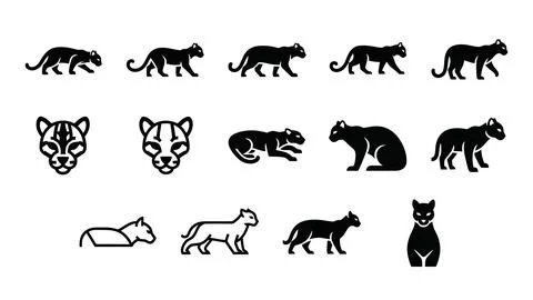 Set of black cheetah in flat design, cheetah walk, cheetah icon, cheetah he.. Stock Illustration