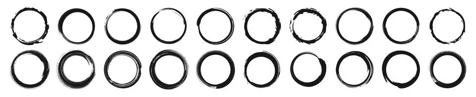 Set of black circle brushes elements. Different circle brush strokes. Grung.. Stock Illustration
