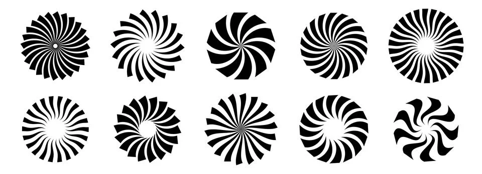 Set of black circle rotating rays and beams. Radial sunburst element pack. Round イラスト素材