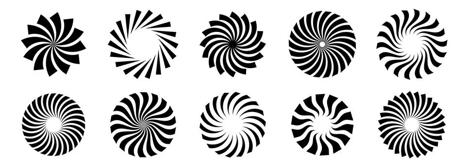 Set of black circle rotating rays and beams. Radial sunburst elements pack Stock Illustration