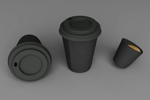 Set of black coffee cups on grey background. 3d rendering Stock Illustration