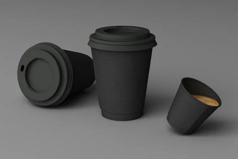 Set of black coffee cups on grey background. 3d rendering Stock Photos
