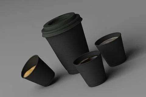 Set of black coffee cups on grey background. 3d rendering Stock Photos