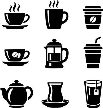 Set of black coffee maker icons with steam including cup teapot and travel mu Stock Illustration