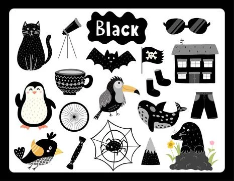 Set of black color objects. Primary colors flashcard with black elements Stock Illustration