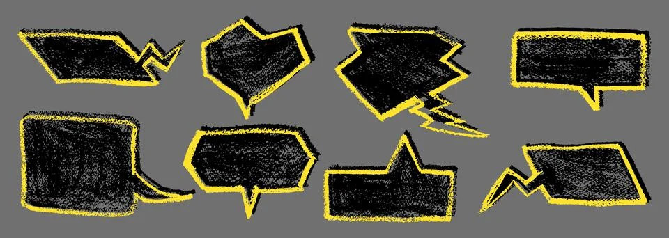 Set of black colored speech bubbles with yellow outline stroke in the style of Stock Illustration