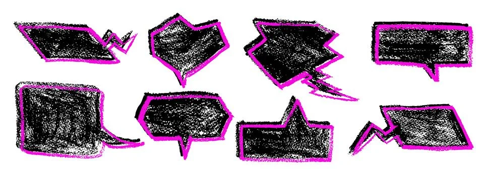 Set of black colored speech bubbles with pink outline stroke in the style of Stock Illustration