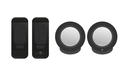 A set of black computer speakers. The dynamics of the table. Wireless speakers Stock Illustration