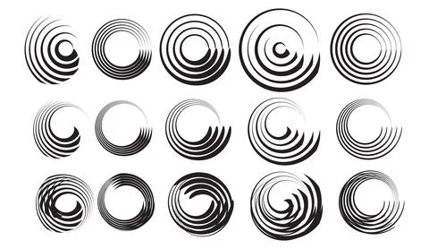 Set of black concentric circles and spiral vector elements for graphic design Stock Illustration