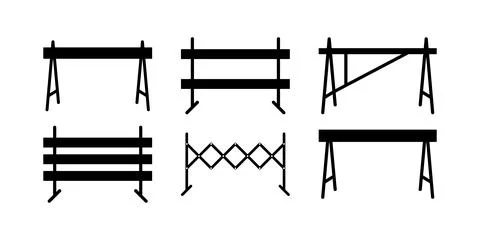 Set of black construction barricade and traffic barrier icons in flat vecto.. Stock Illustration