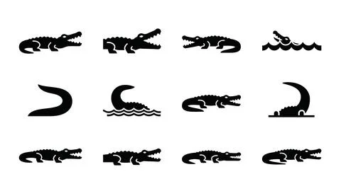 Set of black crocodile icons with different poses and actions on white back.. Illustrazione stock