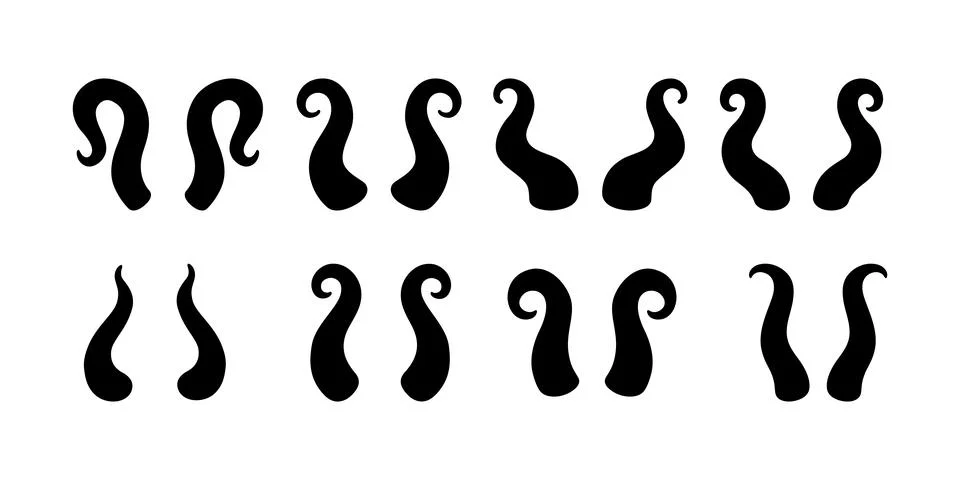 Set of black curved horns. Vector silhouette bull and demon horns for fantasy Ilustração Stock