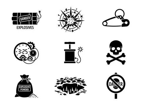 Set of black danger and explosion icons. Includes dynamite, timer, skull, pow Stock Illustration