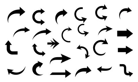 Set of Black Directional Arrows in Various Shapes and Styles Stock Illustration