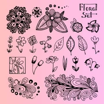 Set of black doodle flowers. Stock Illustration