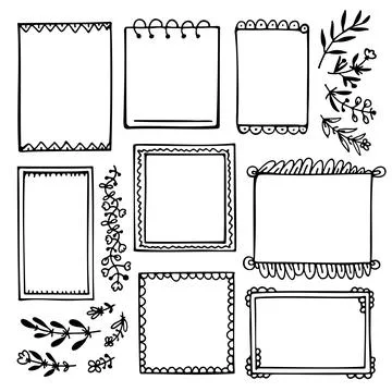 Set of black doodle frames and branches Illustrazione stock