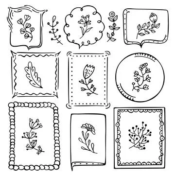 Set of black doodle frames and branches Stock Illustration