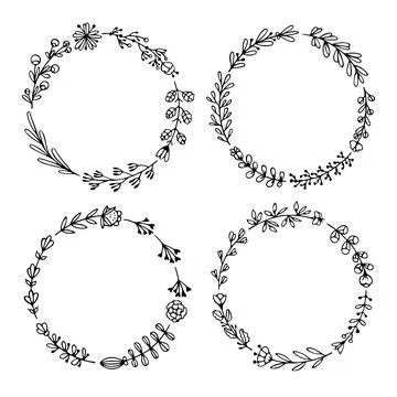 Set of black doodle wreath frames on white Illustrazione stock