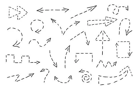Set of black dotted line doodle hand drawn arrows isolated on white. Sketch Stock Illustration