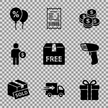 Set of black e-commerce and shopping icons including balloons with percenta.. Stock Illustration
