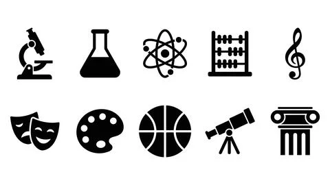 Set of black educational icons for school and university subjects. Stock Illustration