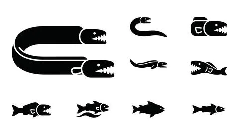 Set of black eel and predatory fish icons in flat style. イラスト素材