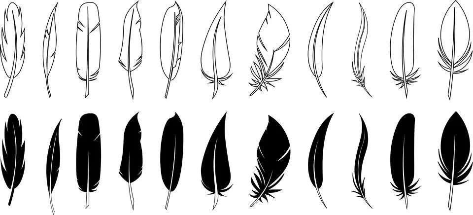 Set of black feather in a flat style. Set of bird feather. Pen vector icons Stock Illustration