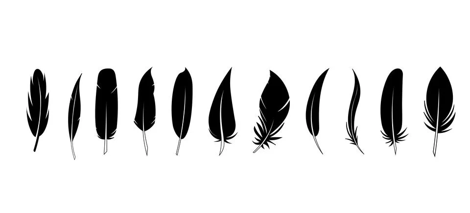 Set of black feather in a flat style. Set of bird feather. Pen vector icons Stock Illustration