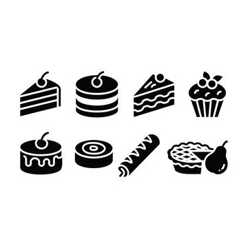 Set of black featuring various desserts including cake slices, whole cakes,.. Stock Illustration