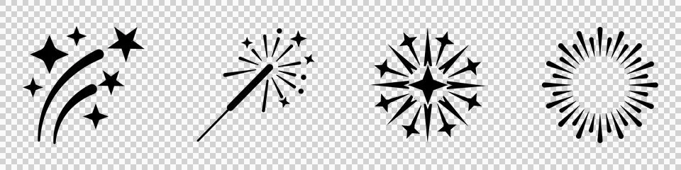 Set of black firework and sparkle icons isolated on a transparent background Stock Illustration