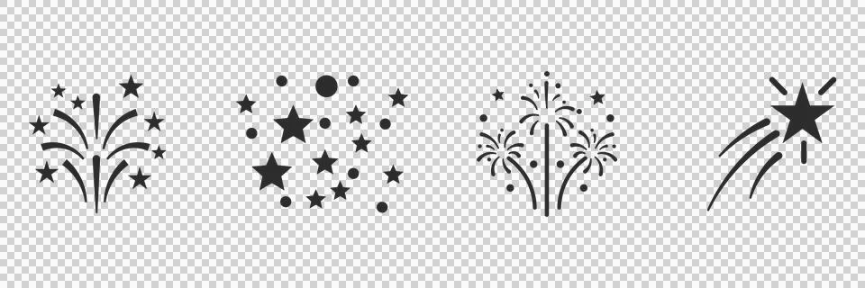 Set of black firework and star icons isolated on white background for festive Stock Illustration