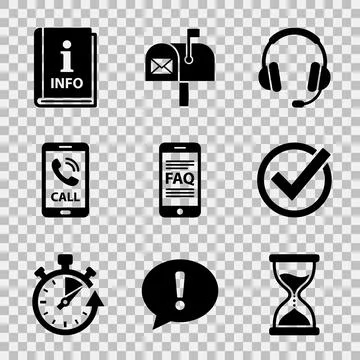 Set of black flat icons for customer support and communication: info book, .. Stock Illustration