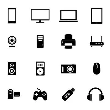 Set of black flat icons - PC hardware, computer parts and electronic devices Stock Illustration