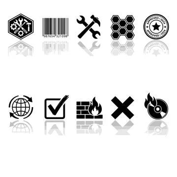 Set of black flat icons representing tools, barcode, approval stamp, honeyc.. Stock Illustration