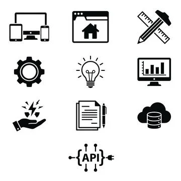 Set of black flat icons representing technology, development, and business .. Stock Illustration