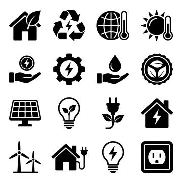 Set of black flat icons representing renewable energy, sustainability, and .. イラスト素材