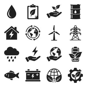 Set of black flat icons representing ecology, renewable energy, and environ.. イラスト素材