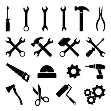 Set of black flat icons - tools, technology and work Stock Illustration