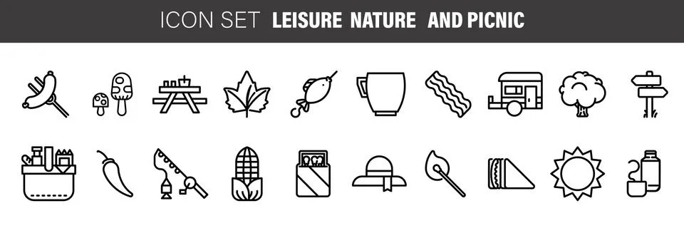 Set of black flat line vector icons for barbecue or picnic outdoor rest on wh Stock Illustration