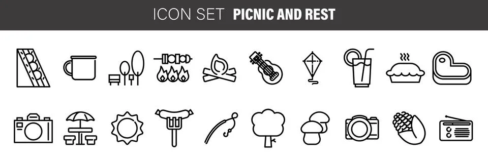 Set of black flat line vector icons for barbecue or picnic outdoor rest on wh Stock Illustration