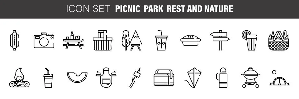 Set of black flat line vector icons for barbecue or picnic outdoor rest on wh Stock Illustration