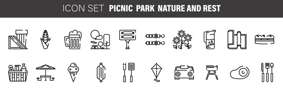 Set of black flat line vector icons for barbecue or picnic outdoor rest on wh Stock Illustration