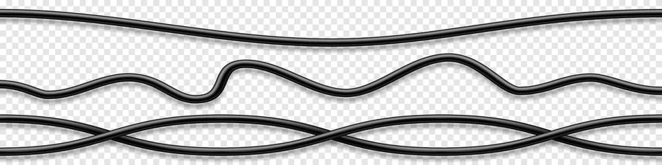 Set of black flexible cables with shadow. Electrical wire. Realistic power or 스톡 일러스트