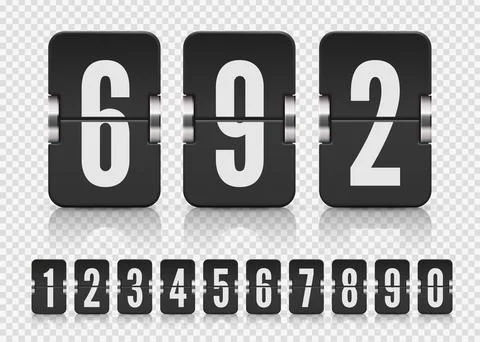 Set of black flip numbers on a mechanical score board with reflection. Vector Illustrazione stock