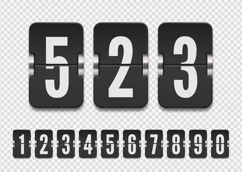 Set of black flip numbers on a mechanical score board with shadows. Vector Illustrazione stock