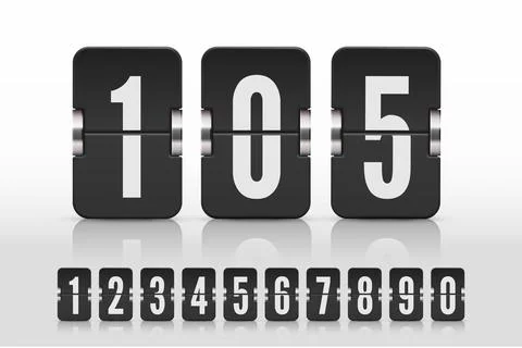 Set of black flip numbers on a mechanical scoreboard with reflection. Vector Stock Illustration