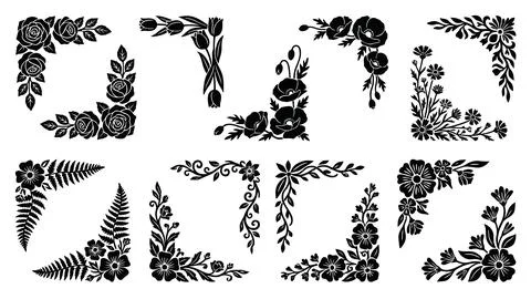 Set of black floral corner borders with diverse flower and leaf designs in .. 库存插图
