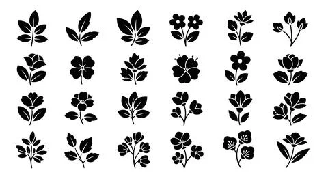 Set of black flower and leaf icons Stockillustratie